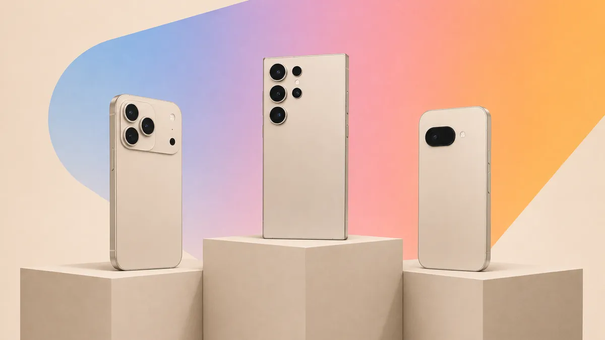 Illustrated rendering of three smartphones displayed on pedestals, styled after the iPhone 17 Pro, Galaxy S26 Ultra, and Pixel 9a