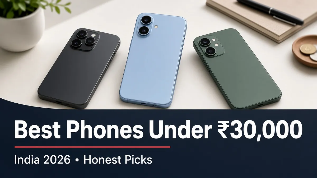 Illustration of three smartphones in black, blue and green lying on a table, with the title Best Phones Under ₹30,000, India 2026