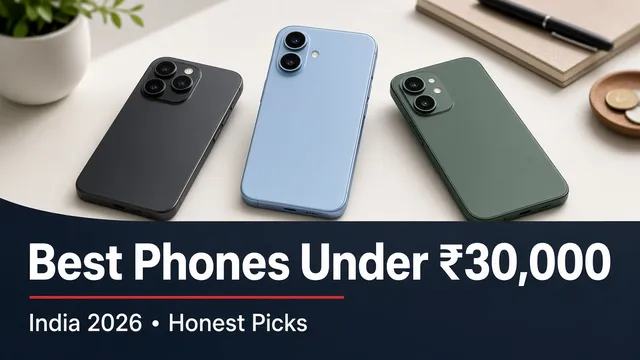 Illustration of three smartphones in black, blue and green lying on a table, with the title Best Phones Under ₹30,000, India 2026