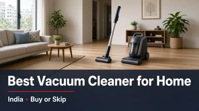 Illustration of a stick vacuum and a canister vacuum on a wooden floor in a living room, with the title Best Vacuum Cleaner for Home, India, Buy or Skip