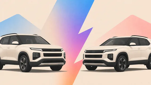 Illustrated split graphic contrasting two compact SUVs, styled after the Hyundai Creta and Kia Seltos